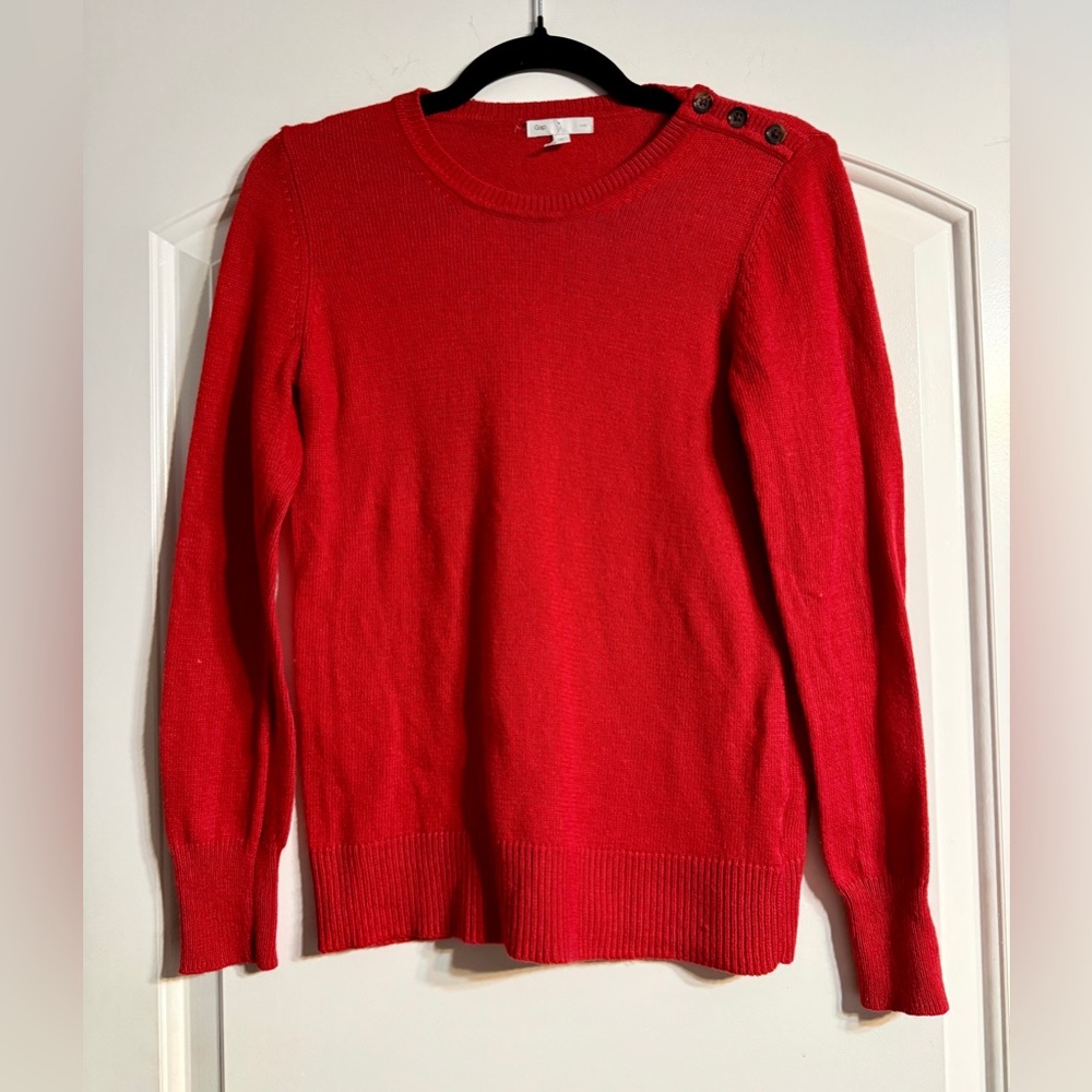 Gap‎ Sweater Women Small Red Luxe Crewneck Button Shoulder Long Sleeve